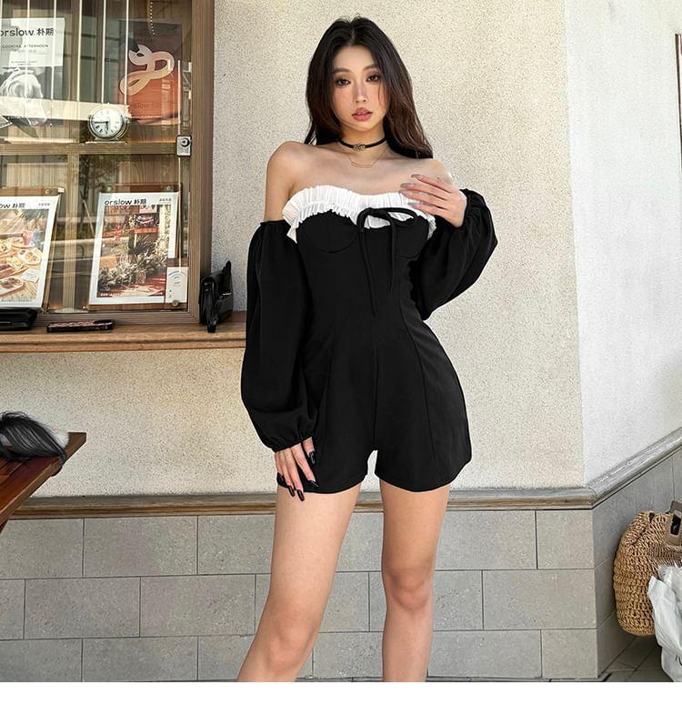 Long-Sleeve Off Shoulder Contrast Ruffle Trim Romper Product Image