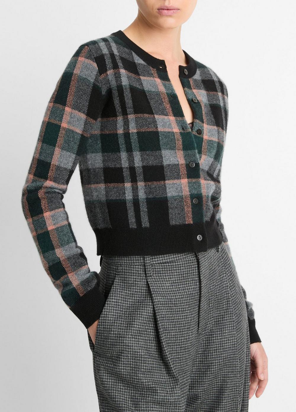 Womens Plaid Cashmere Cardigan, Black Combo, Size L Vince Product Image