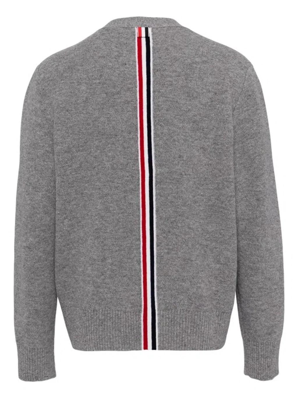 THOM BROWNE Stripe-trim Virgin-wool Cardigan In Grey Product Image