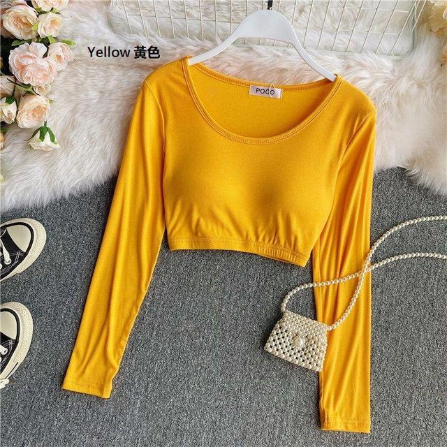 Plain U-Neck Padded Long-Sleeve Cropped Top Product Image