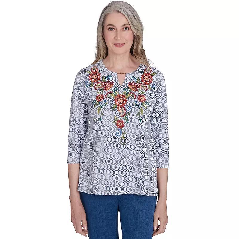 Womens Alfred Dunner Textured Floral Embroidered Split Neck Top Product Image