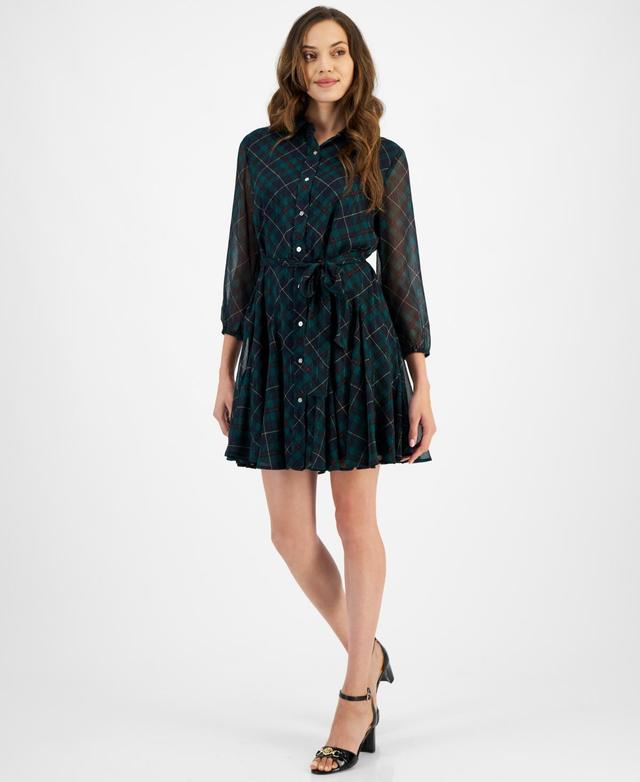 Tommy Hilfiger Womens Argyle-Print Sheer-Sleeve Dress Product Image