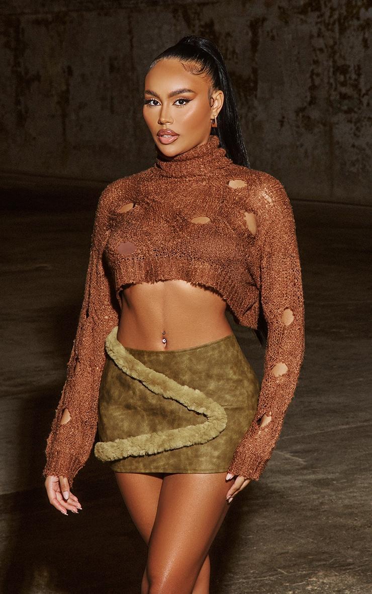 Brown Cut Out High Neck Knitted Crop Top Product Image