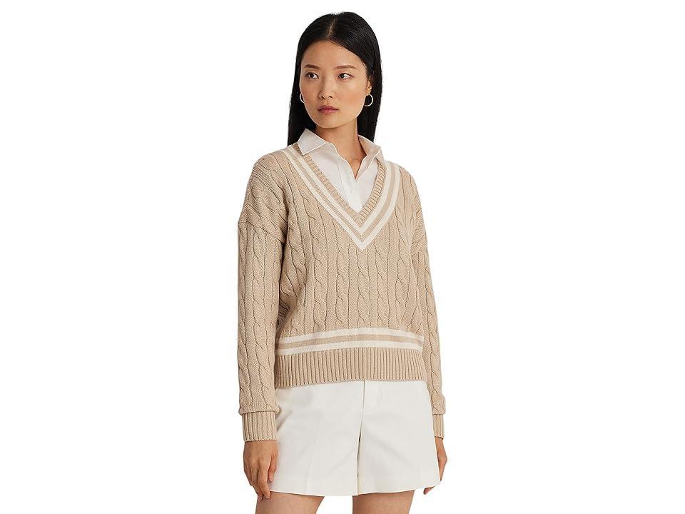 Lauren Ralph Lauren Cable-Knit Cricket Sweater (Explorer Sand/Mascarpone Cream) Women's Sweater product image