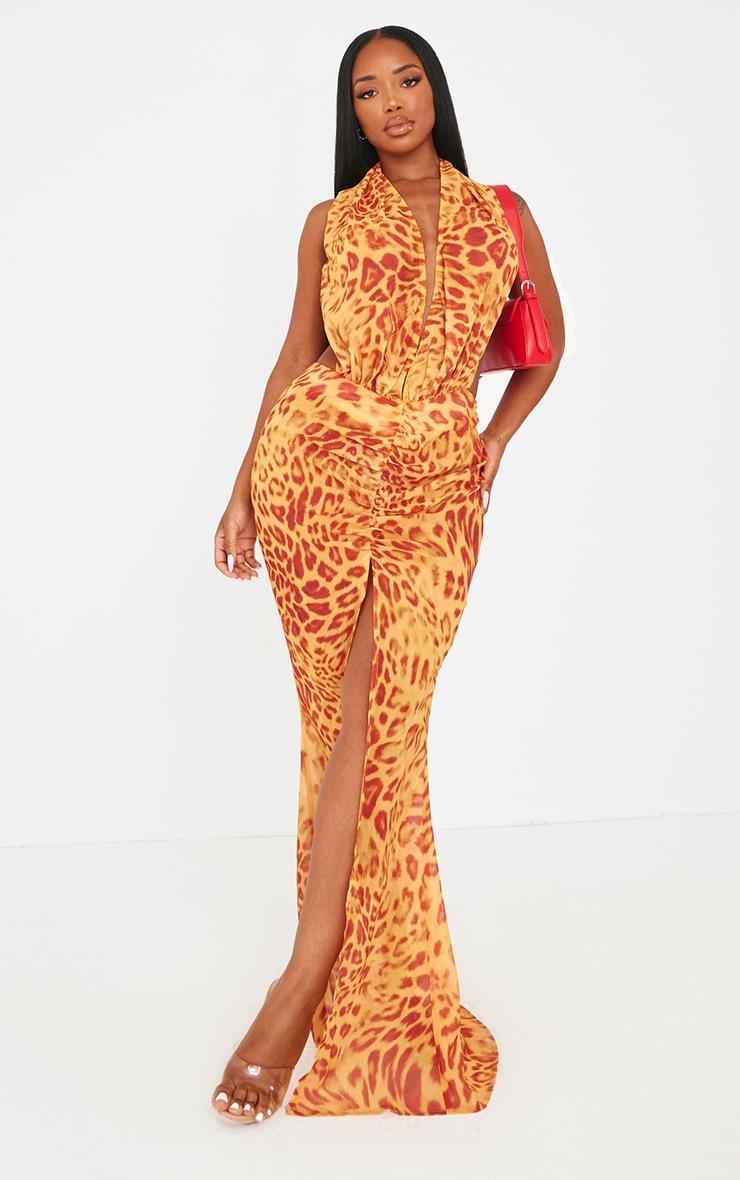 Shape Orange Leopard Printed Chiffon Drape Front Maxi Dress Product Image