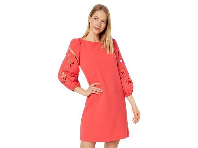 Vince Camuto 3/4 Sleeve Signature Crepe Shift Dress with Embroidered Cutout (Hot Coral) Women's Dress Product Image