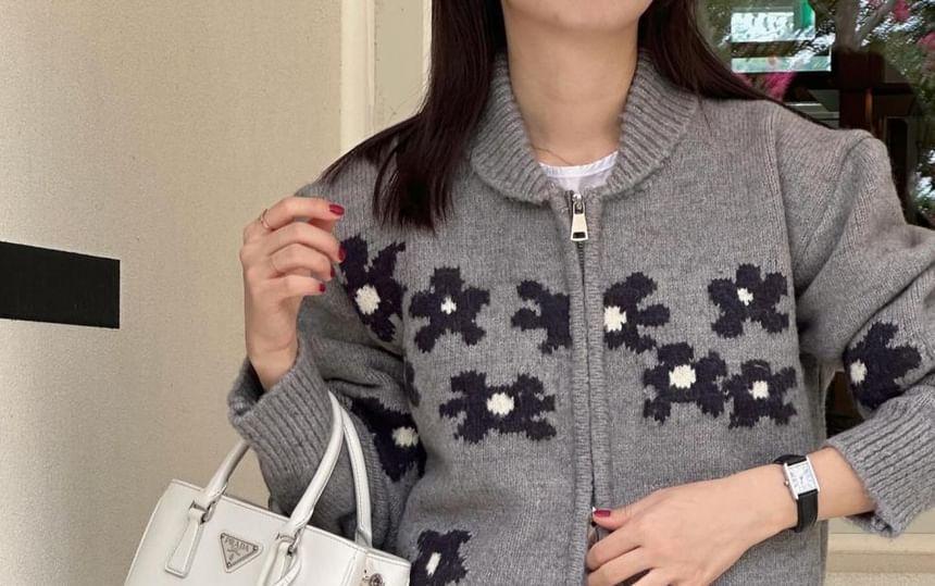 Collar Floral Zip Cardigan Product Image