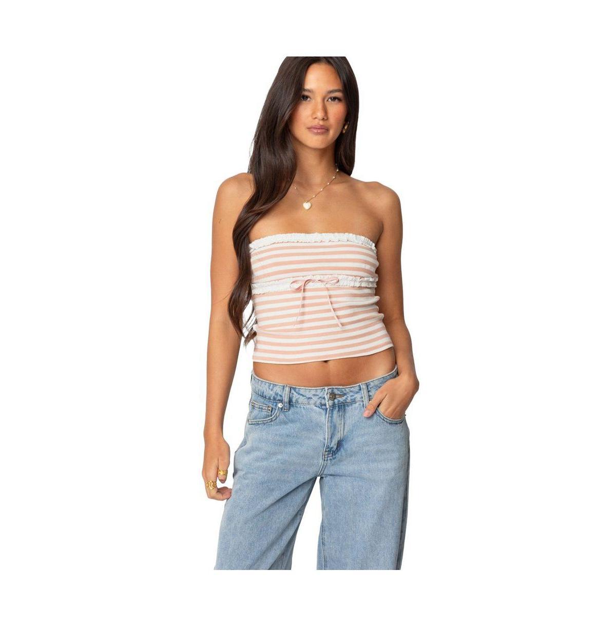 Edikted Womens Striped Eyelet Trim Tube Top Product Image