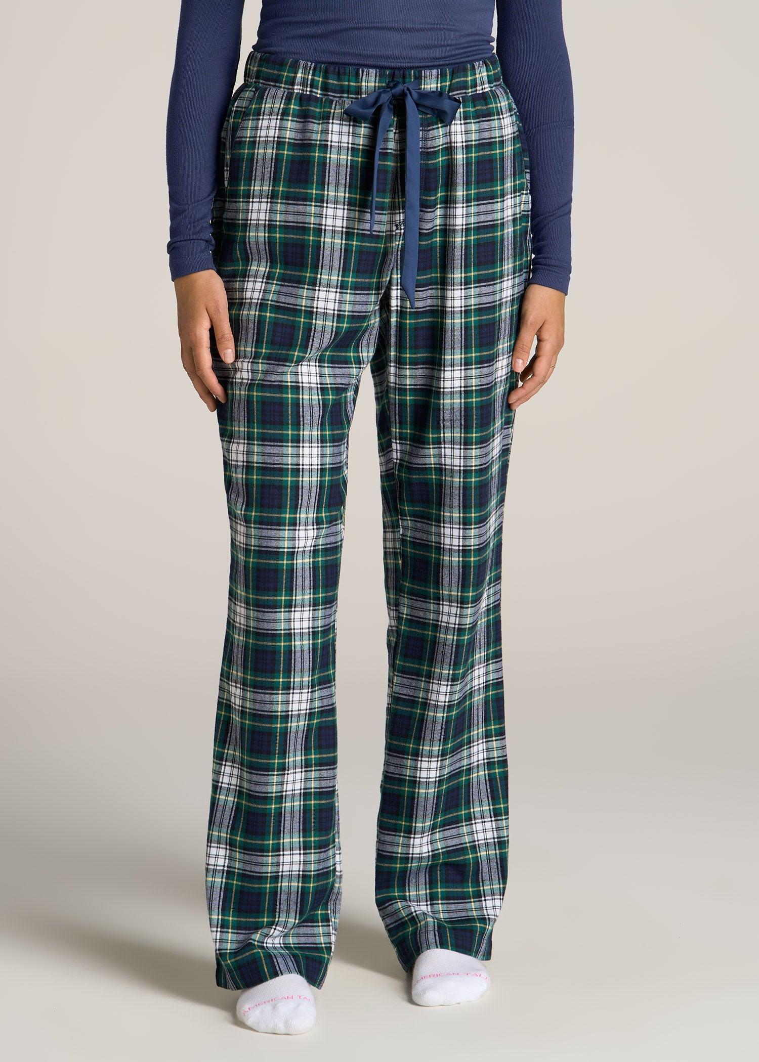 Open-Bottom Flannel Women's Tall Pajama Pants in Green and Navy Tartan Female Product Image