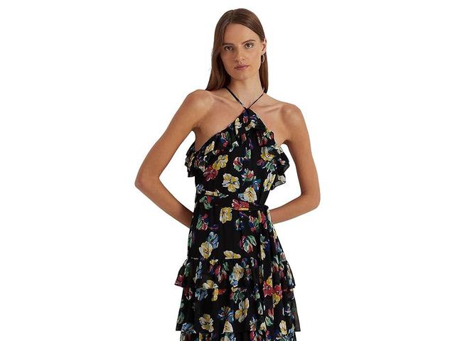 LAUREN Ralph Lauren Floral Ruffle-Trim Georgette Halter Gown Multi) Women's Clothing Product Image