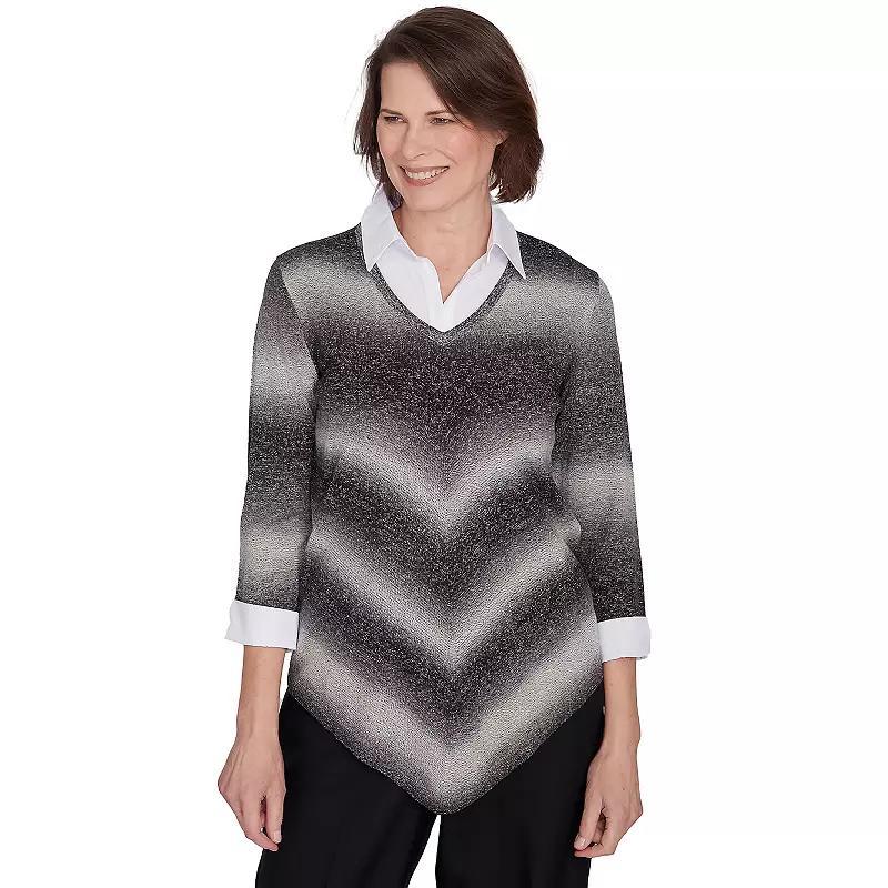 Petite Alfred Dunner Ombre Chevron Layered Collar Sweater, Womens Grey Product Image