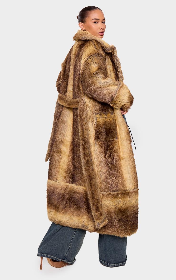 Petite Brown Faux Fur Longline Belted Coat Product Image