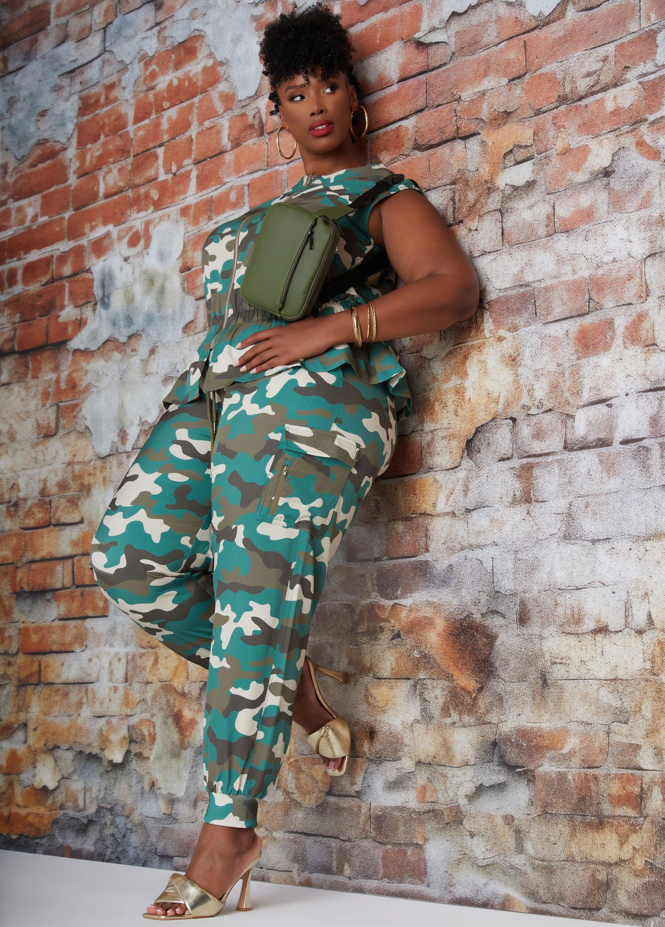 Plus Size Mid Rise Camo Print Cargo Joggers Ashley Stewart Product Image