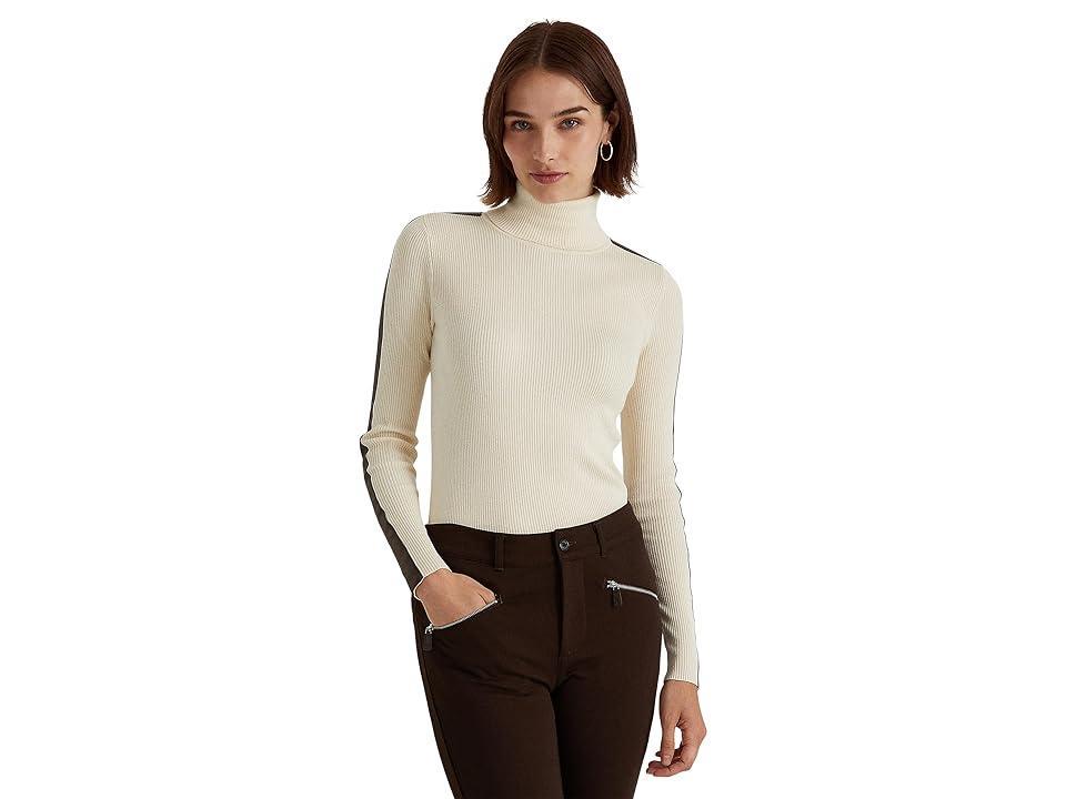 LAUREN Ralph Lauren Faux-Leather-Trim Turtleneck Sweater (Mascarpone Cream/Chocolate) Women's Clothing product image