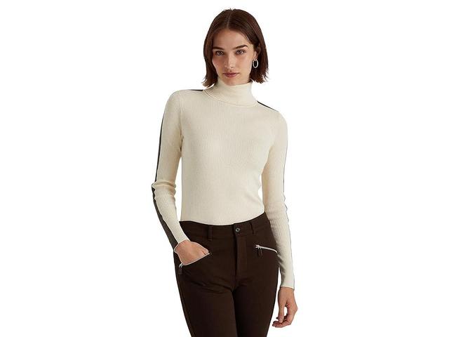 LAUREN Ralph Lauren Faux-Leather-Trim Turtleneck Sweater (Mascarpone Cream/Chocolate) Women's Clothing Product Image