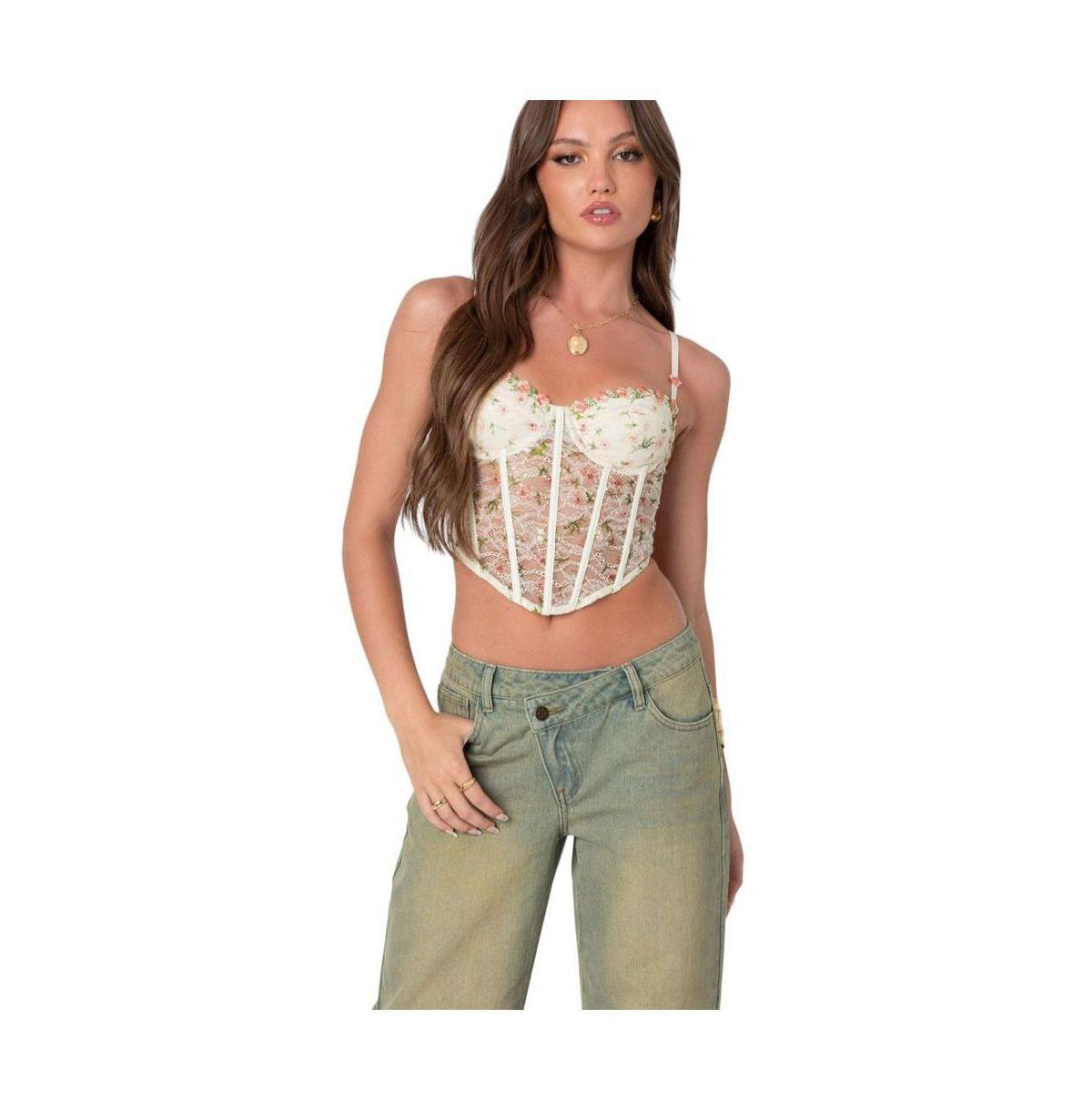 Edikted Womens Embroidered sheer lace corset Product Image