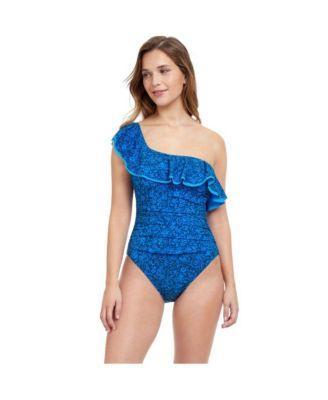 Womens Mehndi One Shoulder Ruffle One Piece Swimsuit Product Image