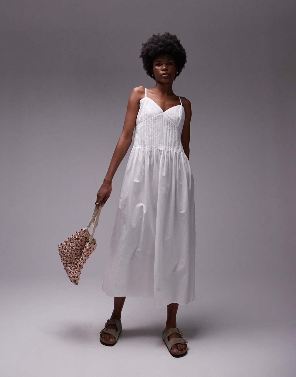 Topshop strappy pleated midi sundress in ivory Product Image