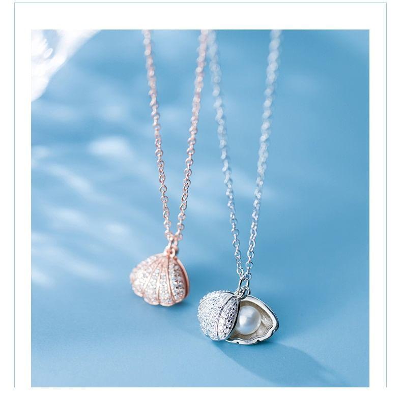 925 Sterling Silver Seashell Faux Pearl Pendant Necklace Product Image