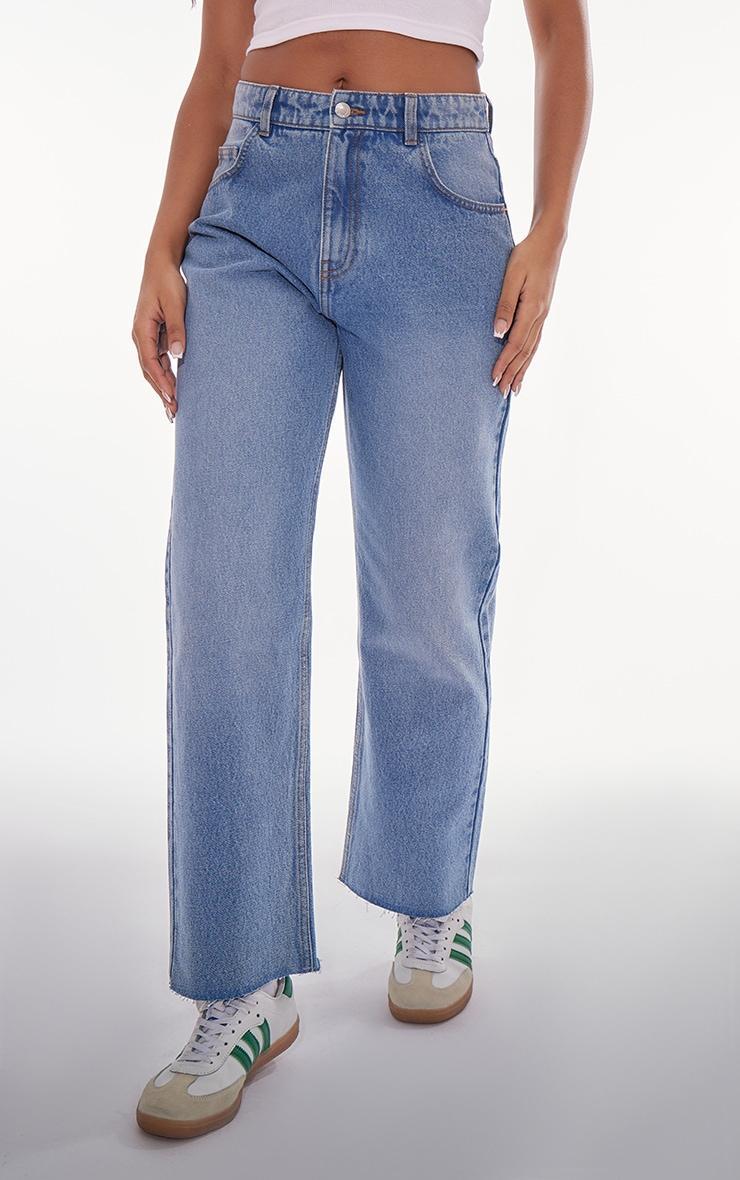 PRETTYLITTLETHING Mid Blue Wash Raw Hem Ankle Grazer Straight Leg Jeans Product Image