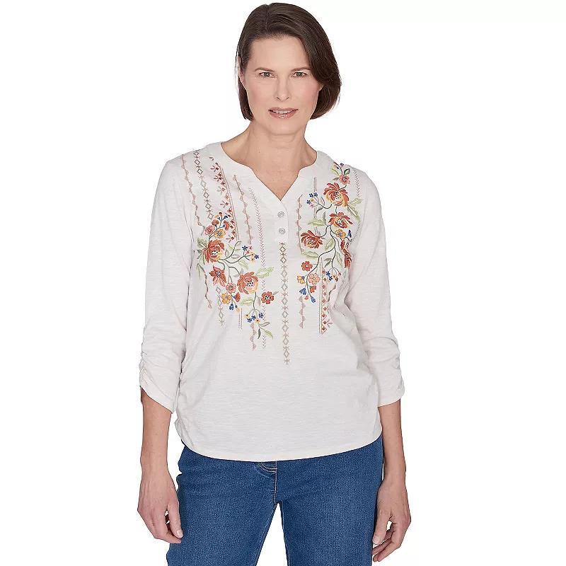 Petite Alfred Dunner Falling Floral Embroidered Henley Top, Womens Product Image