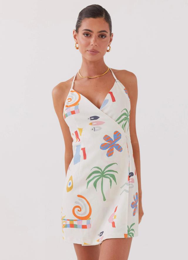 At Last Sunrise Wrap Linen Mini Dress - Summer Palm Product Image