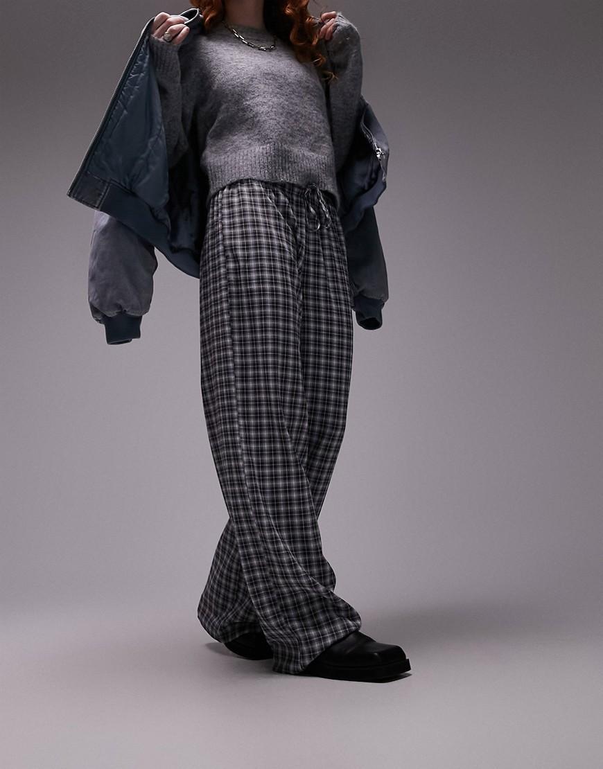 Topshop seersucker plaid wide leg pants in blue product image