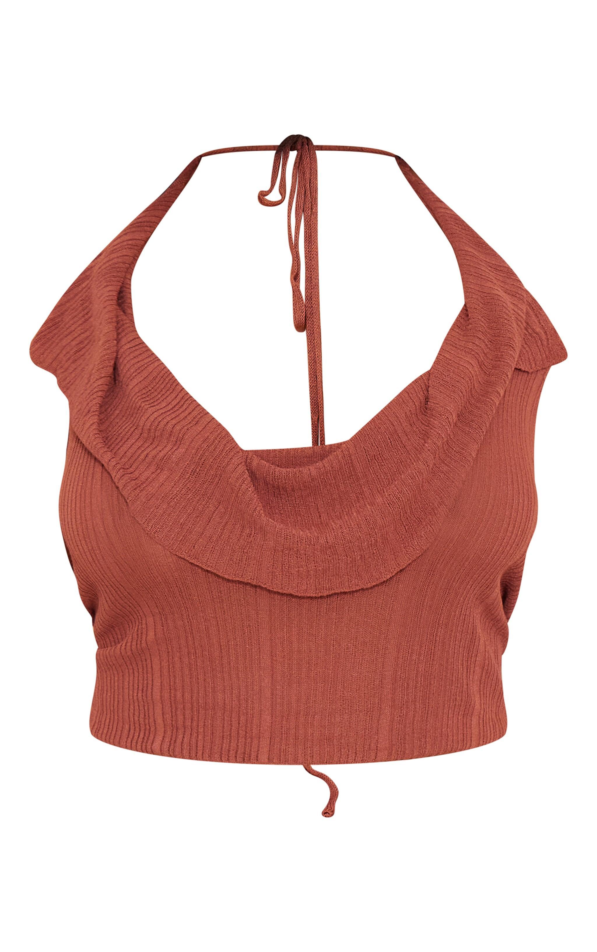 Plus Chocolate Sheer Ribbed Knit Cowl Neck Halterneck Top Product Image