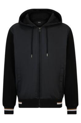 HUGO BOSS Mixed-material Zip-up Hoodie With Signature-stripe Trims In Black Product Image