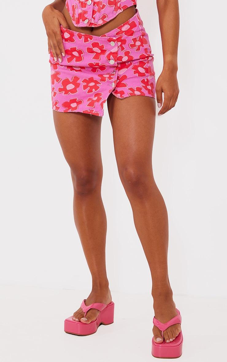 Pink Flower Printed Button Detail Denim Mini Skirt Product Image