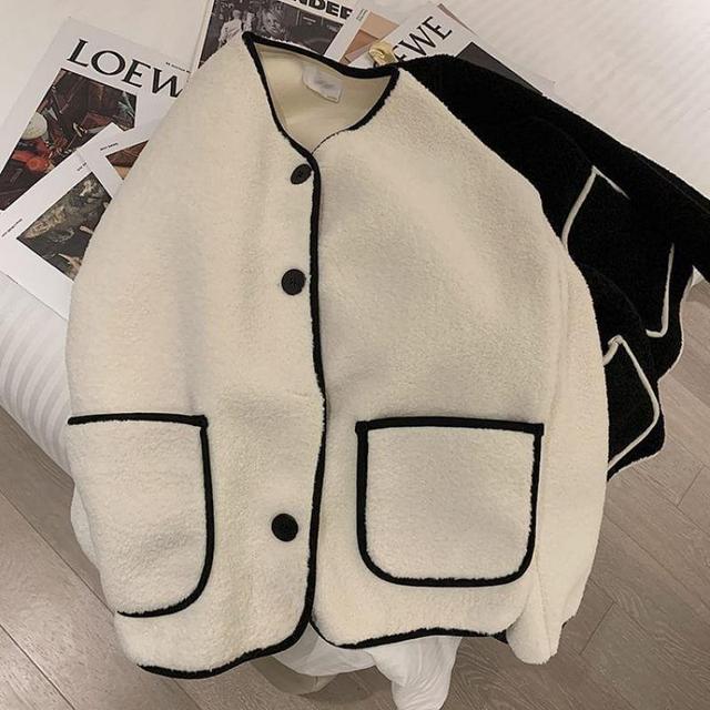 Round Neck Contrast Trim Fleece Button Jacket Product Image