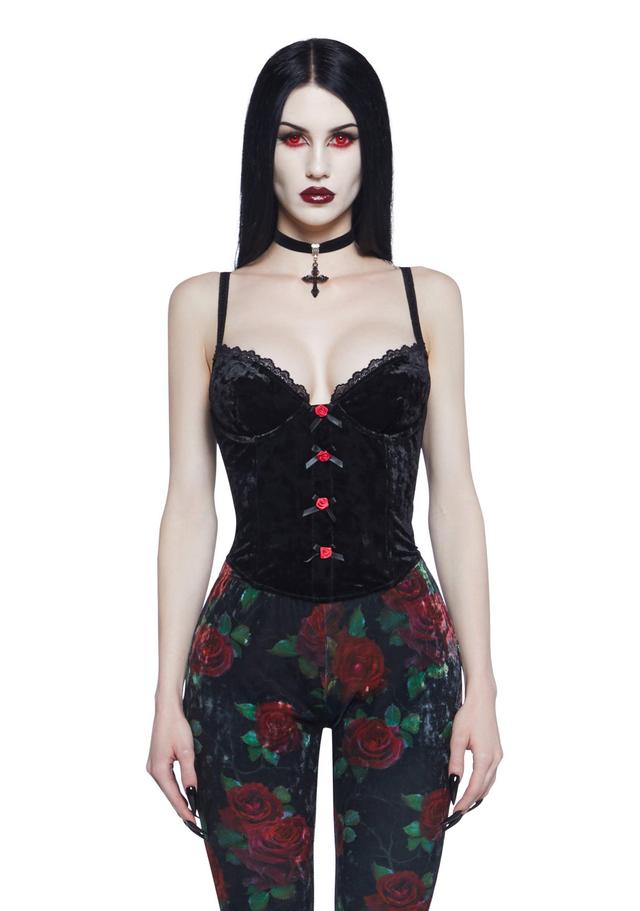 Widow Vampire Goth Crushed Velvet Rosette Bows Corset Top - Black Product Image