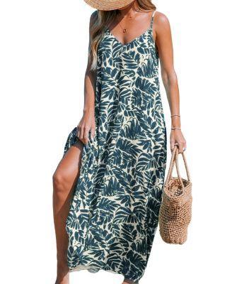 Cupshe Womens Blue Tropical Sleeveless V-Neck Maxi Beach Dress Product Image