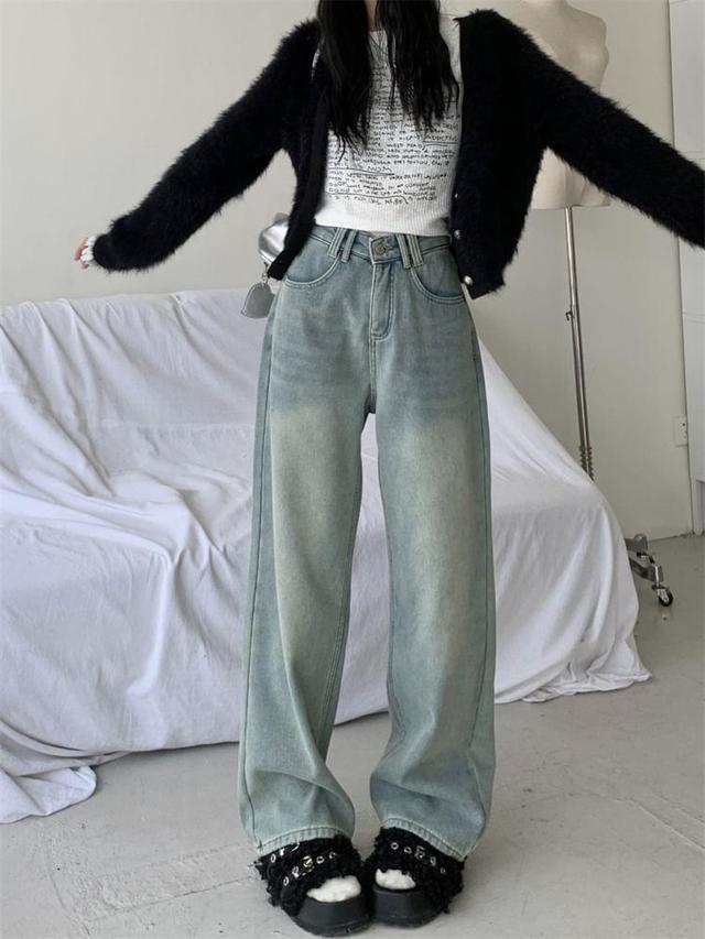 High Waist Washed Fleece-Lined Loose Fit Jeans Product Image