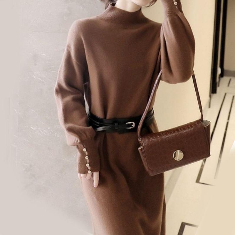 Long-Sleeve Mock Neck Plain Midi Sheath Knit Dress Product Image