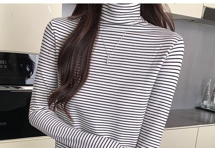 Long-Sleeve Mock Neck Striped Tee Product Image