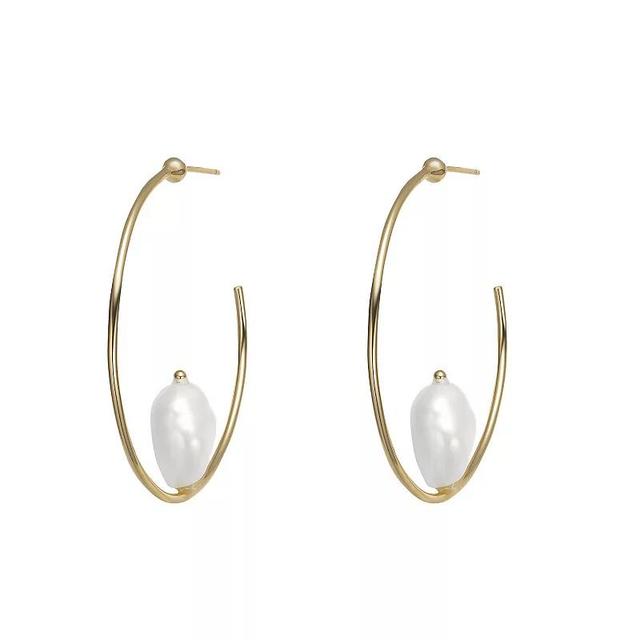 14k Gold Sterling Silver Freshwater Cultured Pearl Hoop Earrings, Womens, Yellow Product Image