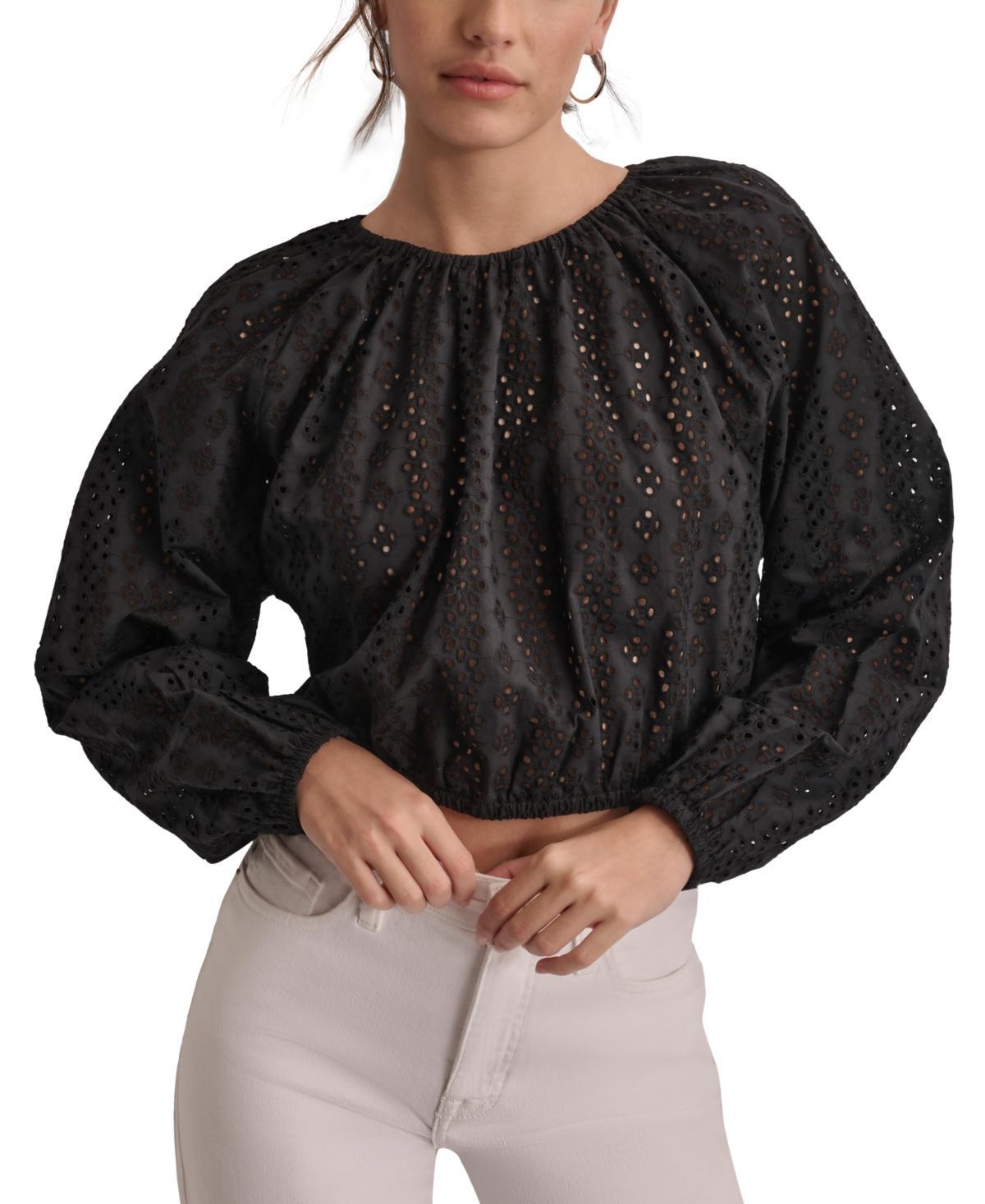 Dkny Jeans Womens Cotton Eyelet Cropped Blouse Product Image