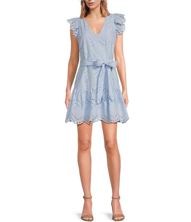 Sam Edelman Eyelet V-Neck Flutter Sleeve Ruffle Hem Tie Waist Mini Dress Product Image