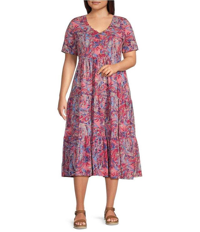 Intro Plus Size Paisley Print Cotton Slub Jersey Knit Short Sleeve Tiered A-Line Midi Dress Product Image