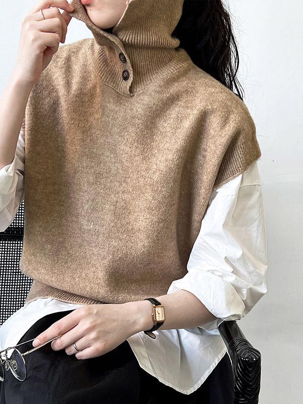 Loose Sleeveless Buttoned High Neck Sweater Vest Top Product Image