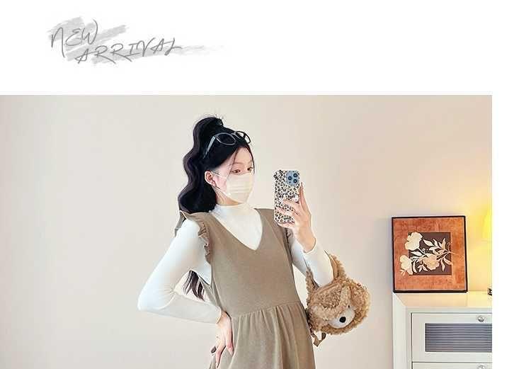 Maternity V-Neck Ruffle Trim Midi A-Line Pinafore Dress Product Image