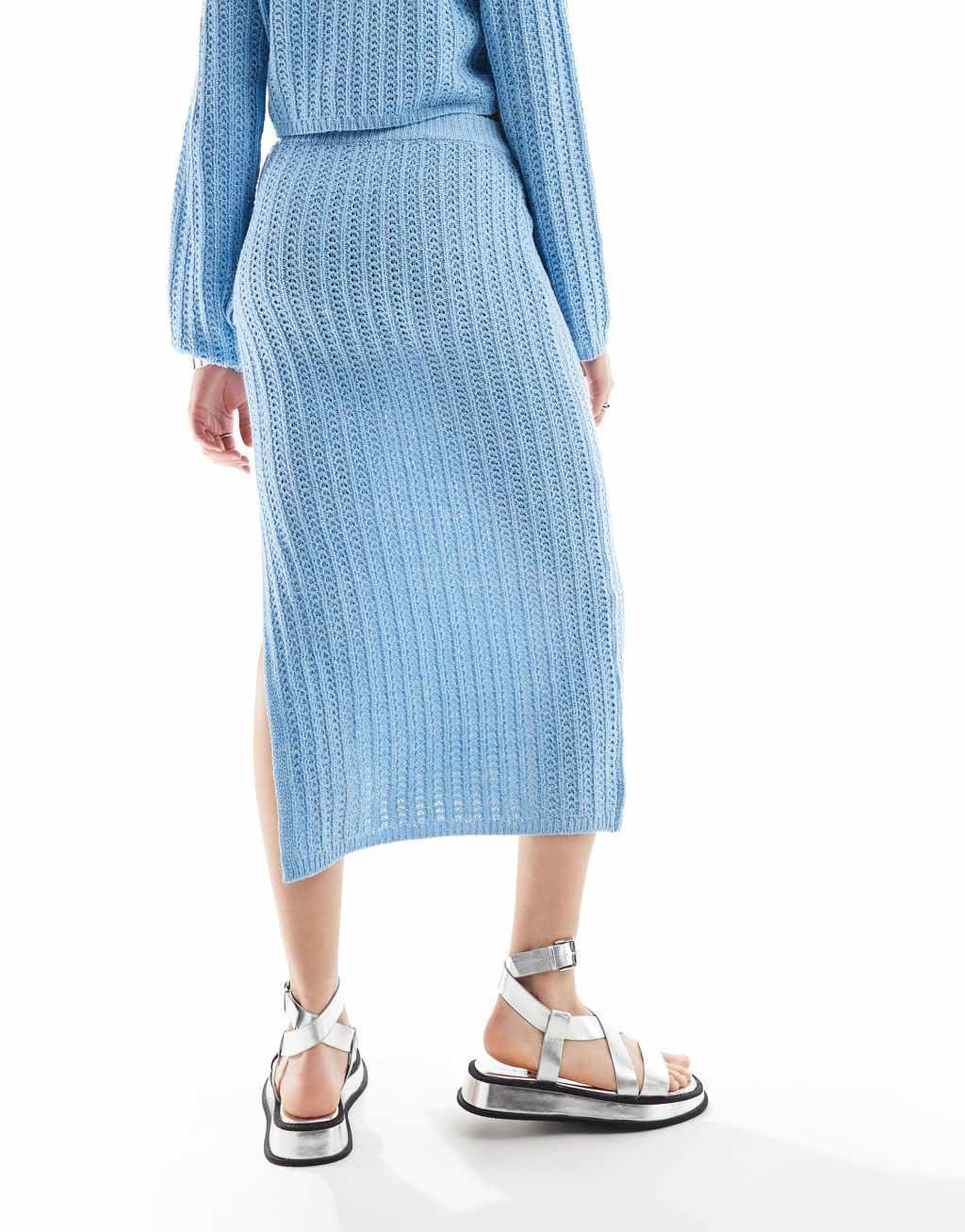 ASOS DESIGN Tall knit midi skirt in open stitch in blue - part of a set Product Image