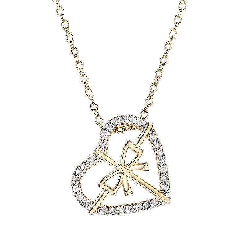 14k Gold Over Silver 1/6 Carat T.W. Diamond Bow Heart Pendant Necklace, Womens White Product Image