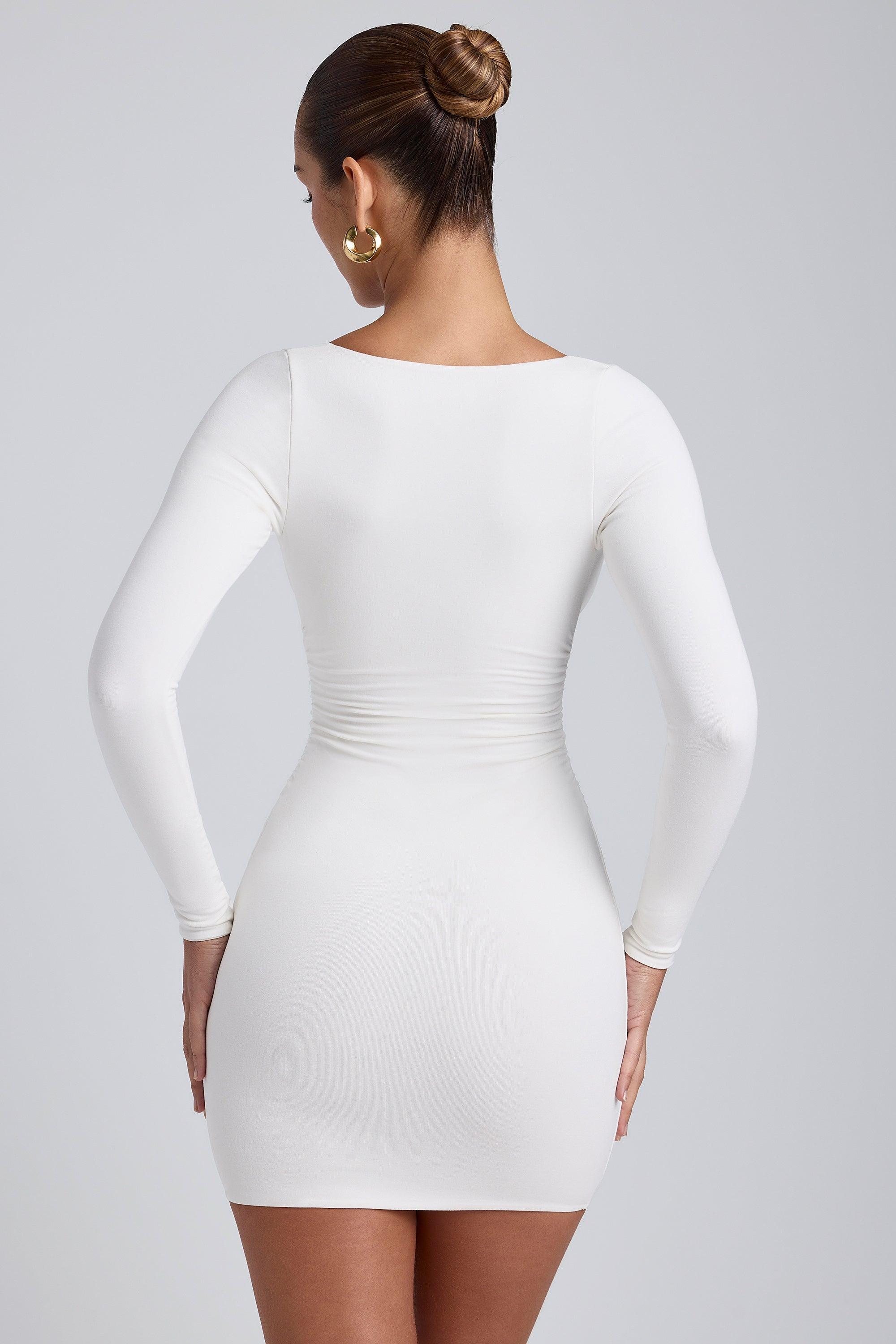 Modal Ruched Long-Sleeve Mini Dress in White Female Product Image