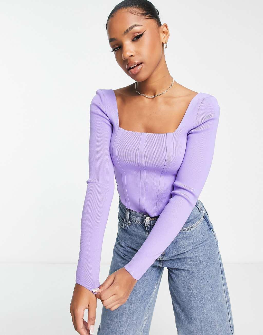 New Look knit corset long sleeved top in lilac product image