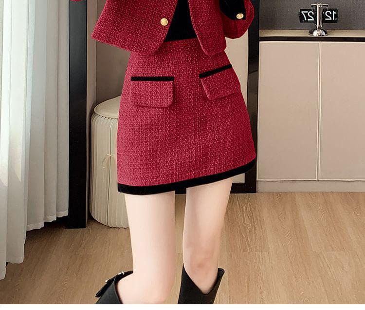 Set: Collared Panel Tweed Button Jacket + High Waist Mini A-Line Skirt Product Image