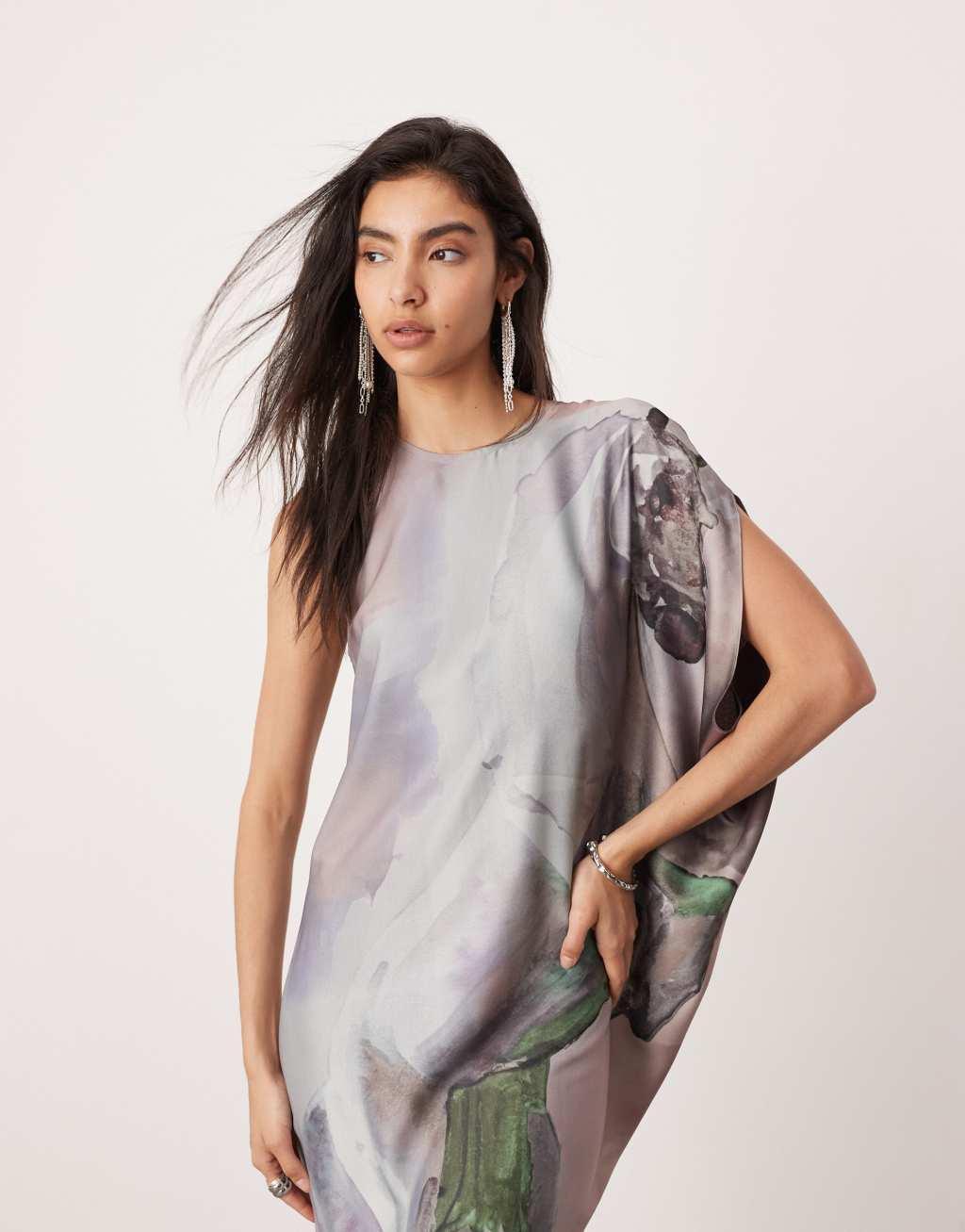 ASOS EDITION satin draped one sleeve asymmetric midi dress in oversized horse print Product Image