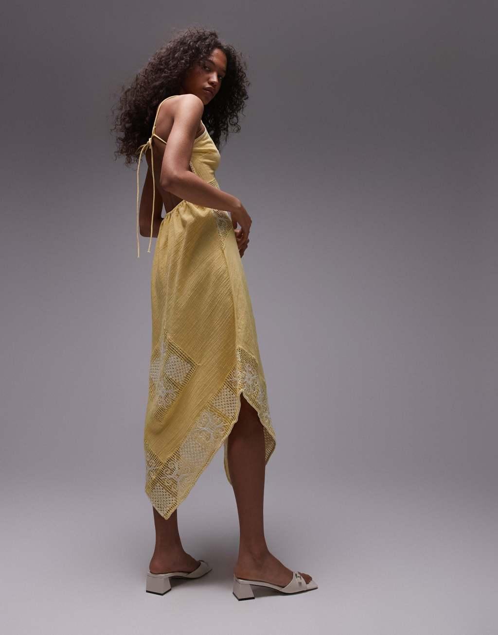 Topshop crochet linen mix sundress in yellow Product Image