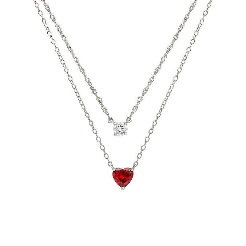 PRIMROSE Sterling Silver Red Cubic Zirconia Heart Double Strand Necklace, Womens Sterling And Red Product Image